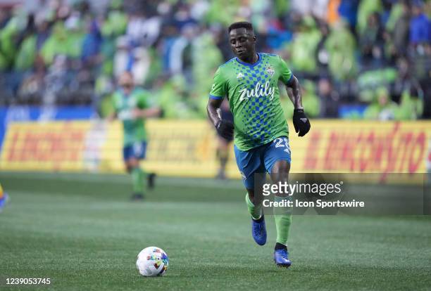 Seattle Sounders defender Yeimar Gómez in action during an MLS game between Nashville SC and the Seattle Sounders on February 27, 2022 at Lumen Field...
