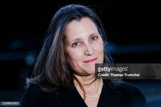 Chrystia Freeland, Canada's deputy prime minister and finance minister, speaks to the media on March 09, 2022 in Berlin, Germany.