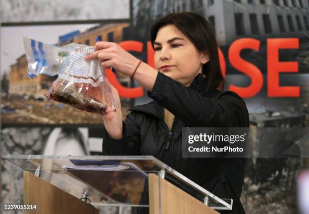 Prosecutor General of Ukraine Iryna Venediktova speaks with journalists during a press conference &amp;quot;On the crimes of the Russian Federation...