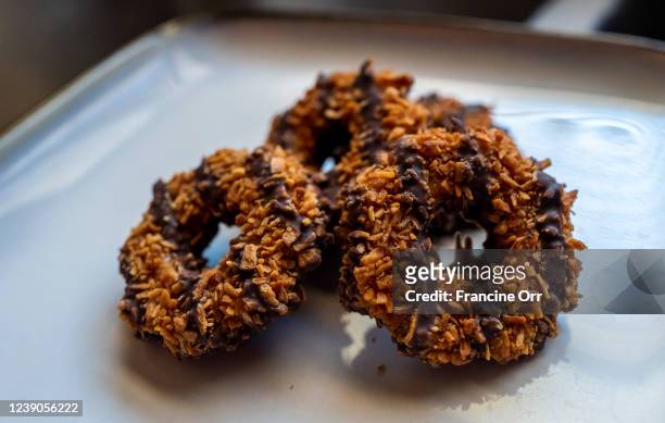 Samoa Girl Scout Cookies in the Mar Vista neighborhood at on Friday, Feb. 11, 2022 in Los Angeles, CA. Currently there is reportedly shortages of...