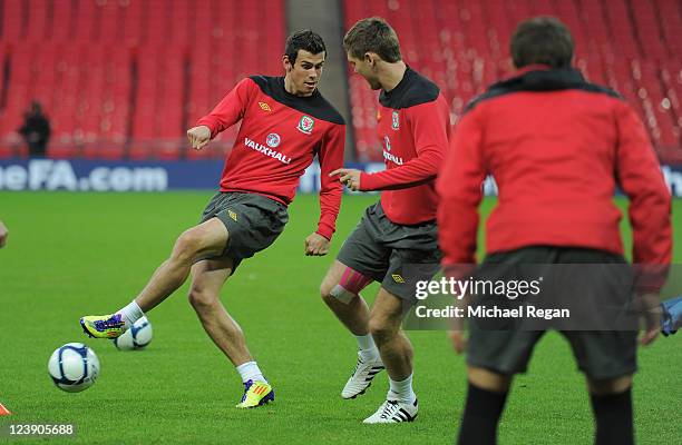 Gareth Bale in action during the Wales training session ahead of their UEFA EURO 2012 Group G qualifier against England at Wembley Stadium on...