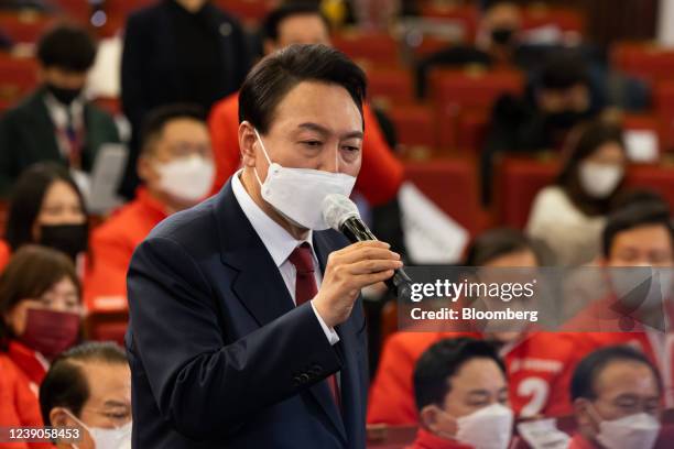 Yoon Suk-yeol, South Korea's president-elect, speaks at his campaign office in the National Assembly in Seoul, South Korea, on Wednesday, March 9,...