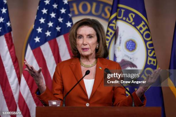 Speaker of the House Nancy Pelosi speaks during her weekly news conference on Capitol Hill March 9, 2022 in Washington, DC. House Democratic leaders...