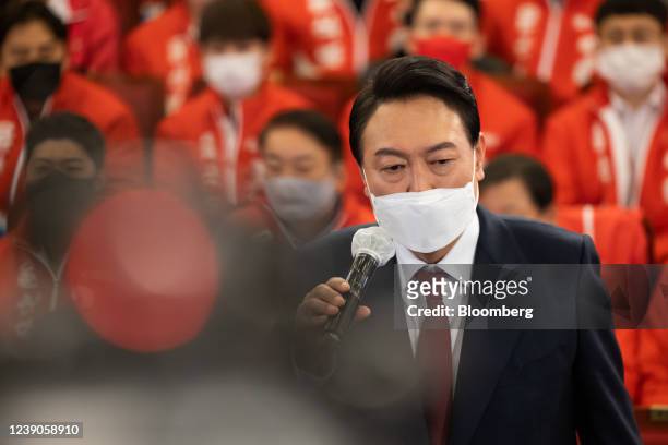Yoon Suk-yeol, South Korea's president-elect, speaks at his campaign office in the National Assembly in Seoul, South Korea, on Wednesday, March 9,...