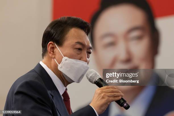 Yoon Suk-yeol, South Korea's president-elect, speaks at his campaign office in the National Assembly in Seoul, South Korea, on Wednesday, March 9,...