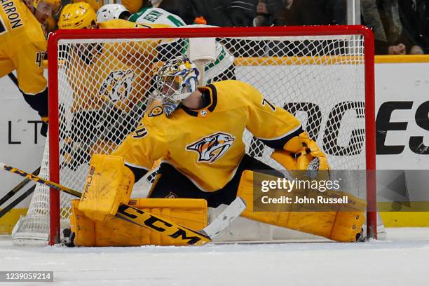 Juuse Saros of the Nashville Predators skates against the Dallas Stars at Bridgestone Arena on March 08, 2022 in Nashville, Tennessee.