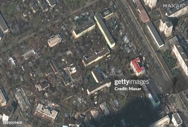 Maxar satellite imagery of Mariupol Childrens Hospital and buildings BEFORE the bombing-- in Mariupol, Ukraine. Imagery was captured before the...