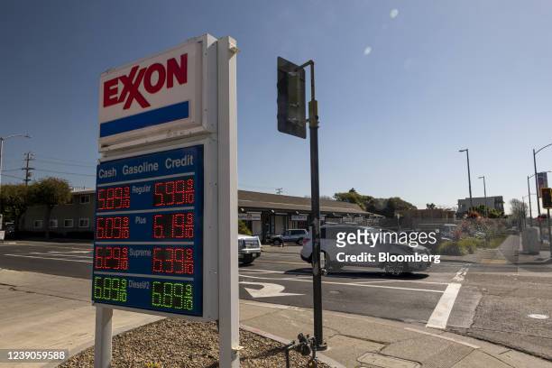 Signage with gas prices at a Exxon Mobil gas station in Berkeley, California, U.S., on Wednesday, March 9, 2022. The average price of gasoline in the...