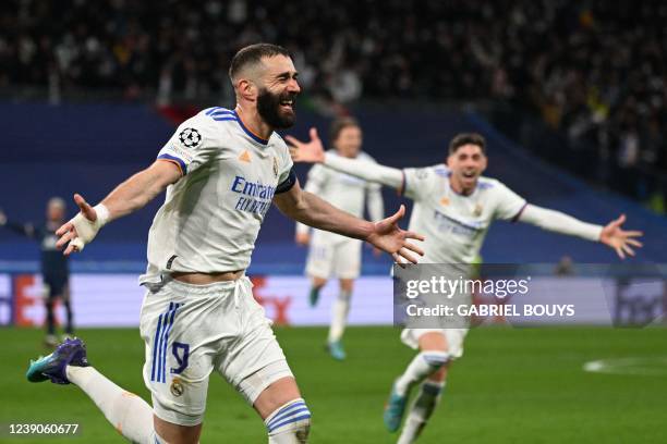 Real Madrid's French forward Karim Benzema celebrates after scoring a goal during the UEFA Champions League round of 16 second league football match...