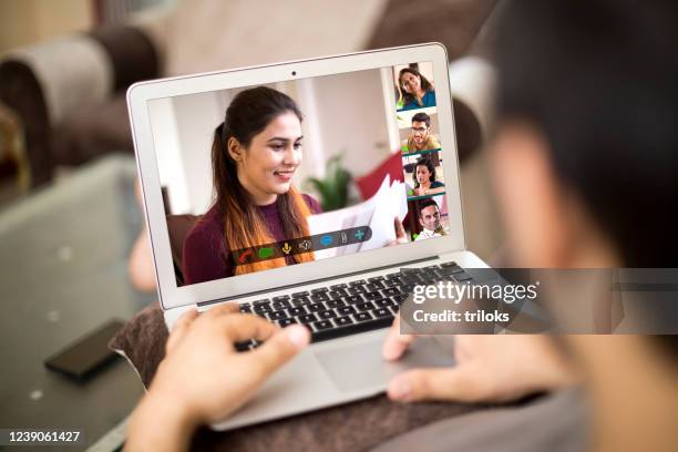 business video call meeting on laptop at home - zoom participant stock pictures, royalty-free photos & images