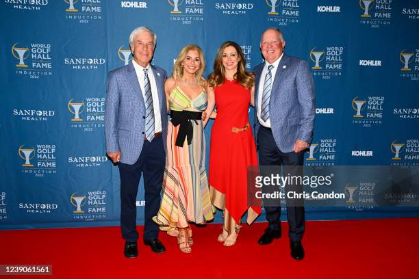 Ben Crenshaw, Julie Crenshaw and Mark OMeara with wife Meredith, pose on the red carpet during the World Golf Hall of Fame Induction Ceremony prior...