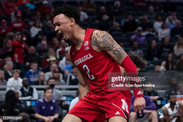 Nebraska Cornhuskers guard Trey McGowens celebrates a score during the mens Big Ten tournament college basketball game between the Nebraska...