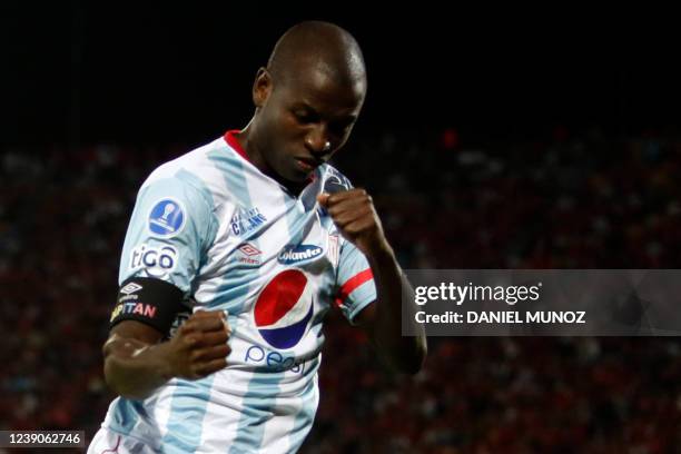 America de Cali's Adrian Ramos celebrates after scoring against Independiente Medellin during the Sudamericana Cup first round all-Colombian football...