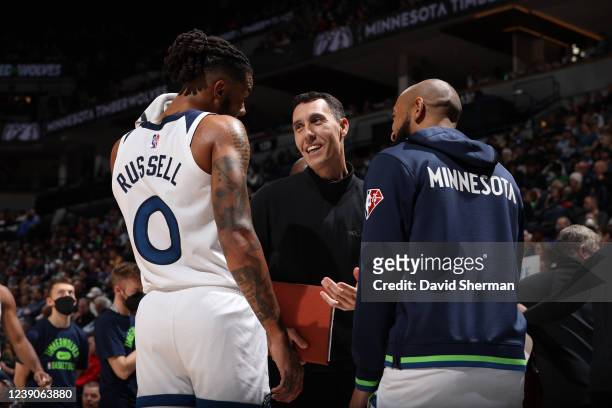 Assistant Coach, Pablo Prigioni of the Minnesota Timberwolves talks to D'Angelo Russell and Jordan McLaughlin during the game against the Oklahoma...