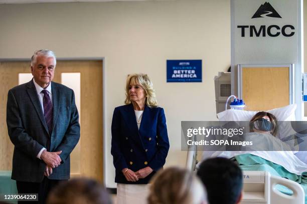 Governor Steve Sisolak and Dr. Jill Biden at a nursing program class room. First Lady Dr. Jill Biden visited Truckee Meadows Community College to...