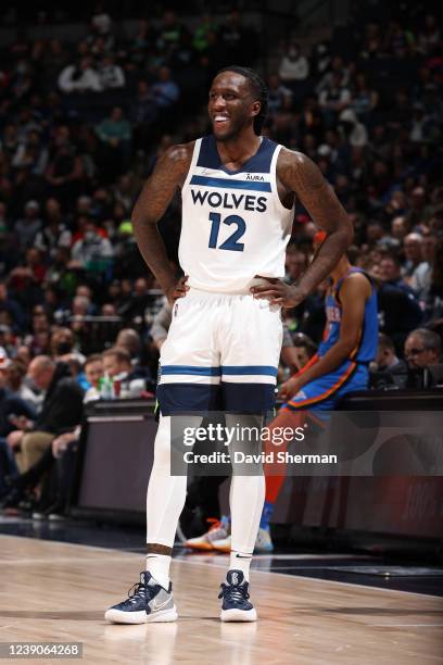 Taurean Prince of the Minnesota Timberwolves smiles during the game against the Oklahoma City Thunder on March 9, 2022 at Target Center in...