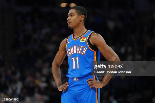 Theo Maledon of the Oklahoma City Thunder looks on during the game against the Minnesota Timberwolves on March 9, 2022 at Target Center in...