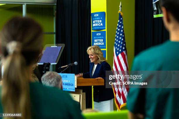 Nursing students looking at Dr. Jill Biden. First Lady Dr. Jill Biden visited Truckee Meadows Community College to highlight how the American Rescue...