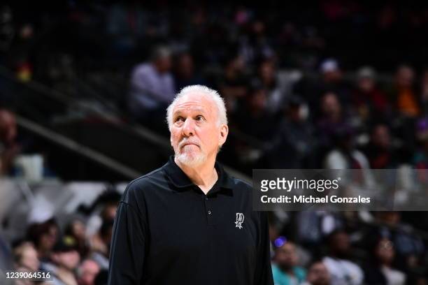 Head Coach Gregg Popovich of the San Antonio Spurs looks on during the game against the Toronto Raptors on March 9, 2022 at the AT&T Center in San...