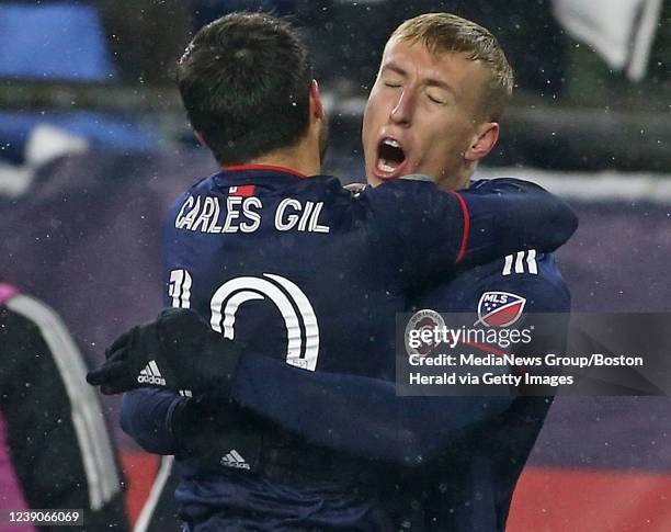 Carles Gil of New England Revolution celebrates Adam Buksa goal during the second half of the Concacaf Champions League against Pumas UNAM at...