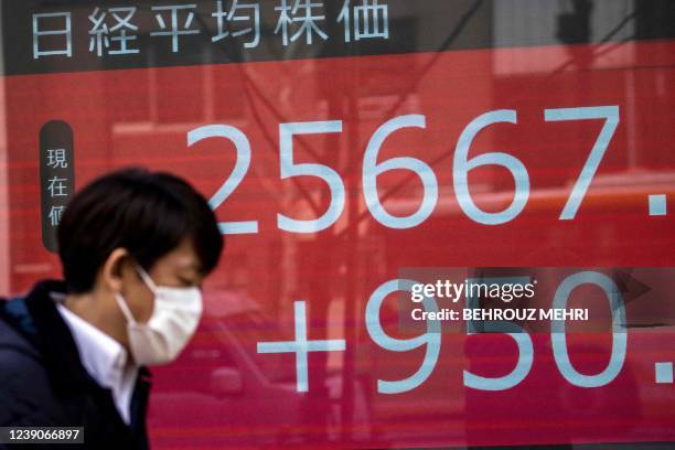 Pedestrian walks past an electronic quotation board displaying the numbers of the Nikkei 225 Index on the Tokyo Stock Exchange in Tokyo on March 10,...