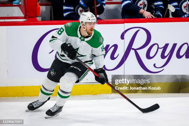 Michael Raffl of the Dallas Stars keeps an eye on the play during action in the overtime period against the Winnipeg Jets at Canada Life Centre on...