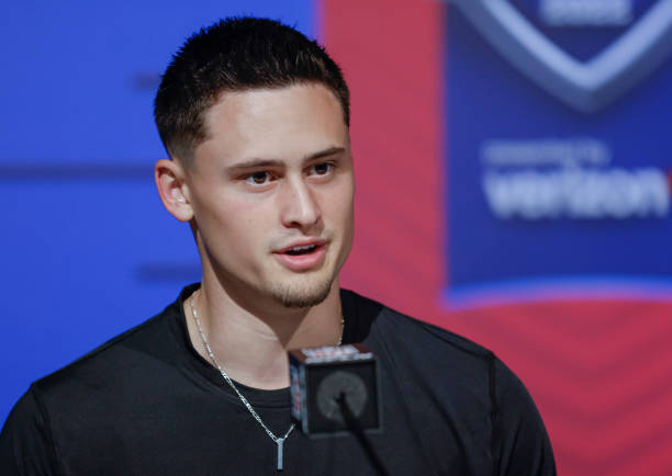 Matt Araiza #PK01 of the San Diego State Aztecs speaks to reporters during the NFL Draft Combine at the Indiana Convention Center on March 5, 2022 in...