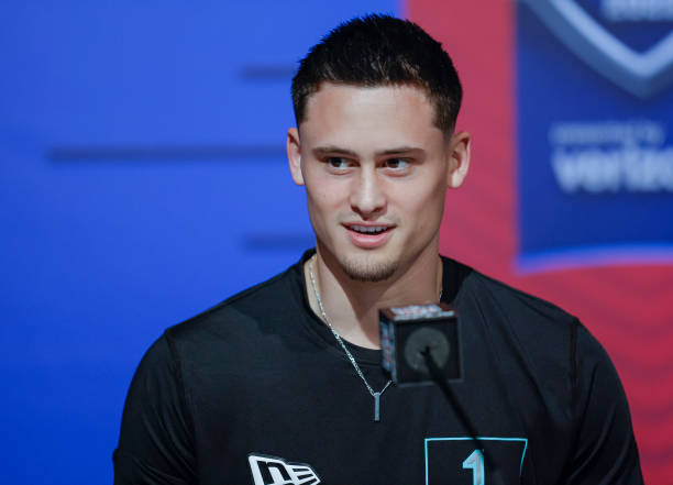 Matt Araiza #PK01 of the San Diego State Aztecs speaks to reporters during the NFL Draft Combine at the Indiana Convention Center on March 5, 2022 in...
