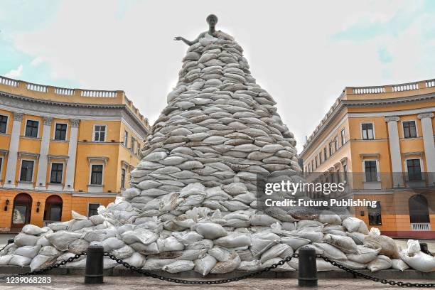 Monument to Duke Richelieu is put round with sandbags in Prymorskyi Boulevard, Odesa, southern Ukraine