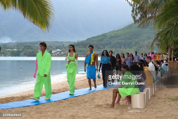 Models walk the runway at the Jacquemus Fashion Show on March 9, 2022 in Honolulu, Hawaii.
