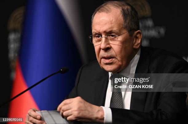 Russian Foreign Minister Sergei Lavrov is pictured as he meets Ukraine's Foreign Minister for talks in Antalya, on March 10 15 days after Russia...