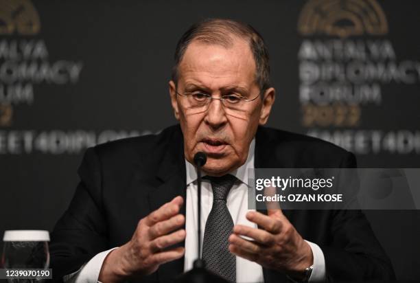 Russian Foreign Minister Sergei Lavrov gives a press conference after meeting Ukraine's Foreign Minister for talks in Antalya, on March 10 15 days...