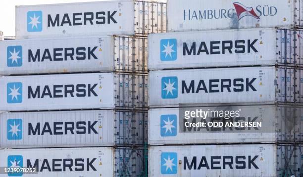 Containers of shipping giants Maersk are seen loaded on a vessel docked at the harbour of Hamburg on river Elbe, northern Germany, on March 7, 2022.