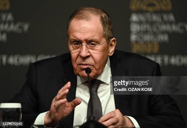 Russian Foreign Minister Sergei Lavrov gives a press conference after meeting Ukraine's Foreign Minister for talks in Antalya, on March 10 15 days...