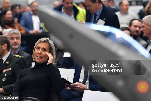 Defence minister Ludivine Dedonder pictured during the inauguration ceremony of Sabca's new production hall for the horizontal tailplane of the F-35...