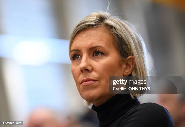 Defence minister Ludivine Dedonder pictured during the inauguration ceremony of Sabca's new production hall for the horizontal tailplane of the F-35...