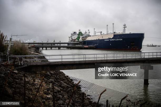 Tanker Rudolf Samoylovich, sailing under the flag of Bahamas, moors at the dock of the Montoir-de-Bretagne LNG Terminal near Saint-Nazaire, western...