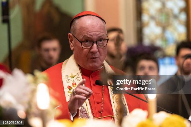 Cardinal Timothy Dolan speaks during Intercessory prayer service for Ukraine at Ukrainian Orthodox Cathedral of St. Volodymyr. Clergy of Ukrainian...