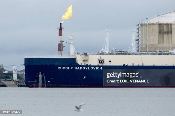 Tanker Rudolf Samoylovich, sailing under the flag of Bahamas, moors at the dock of the Montoir-de-Bretagne LNG Terminal near Saint-Nazaire, western...