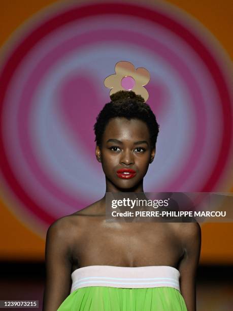 Model presents a creation by Agatha Ruiz de la Prada during the Fall-Winter 2022-2023 collection fashion show at Madrid Mercedes Benz Fashion Week in...