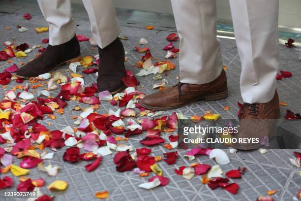 Same-sex newlyweds Jaime Nazar and Javier Silva pose after their wedding in Santiago on March 10, 2022. - Two couples of women and men celebrated on...