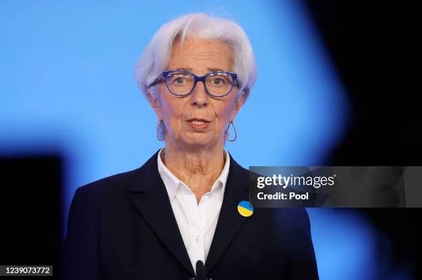 European Central Bank President Christine Lagarde speaks during a press conference following the meeting of the Governing Council of the European...