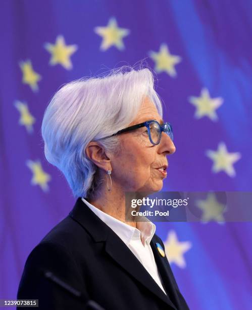 European Central Bank President Christine Lagarde speaks during a press conference following the meeting of the Governing Council of the European...