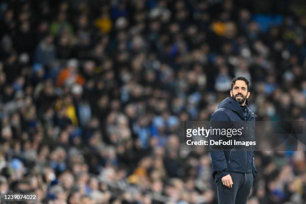 Head coach Ruben Filipe Marques Amorim of Sporting CP looks on during the UEFA Champions League Round Of Sixteen Leg Two match between Manchester...