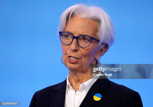 European Central Bank President Christine Lagarde speaks during a press conference following the meeting of the Governing Council of the European...