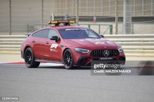 The new Mercedes-AMG GT medical car drives during the first day of Formula One pre-season testing at the Bahrain International Circuit in the city of...