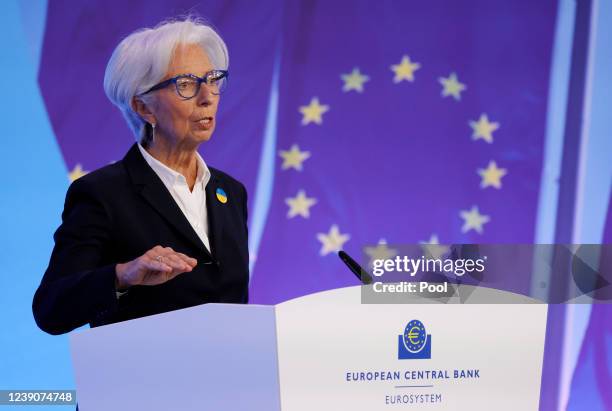 European Central Bank President Christine Lagarde speaks during a press conference following the meeting of the Governing Council of the European...