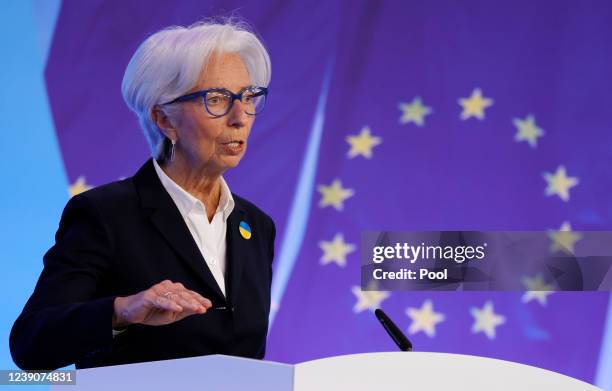 European Central Bank President Christine Lagarde speaks during a press conference following the meeting of the Governing Council of the European...