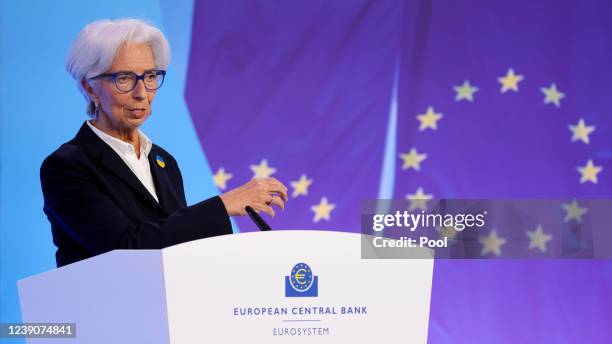 European Central Bank President Christine Lagarde speaks during a press conference following the meeting of the Governing Council of the European...