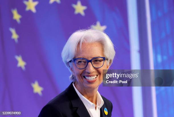 European Central Bank President Christine Lagarde speaks during a press conference following the meeting of the Governing Council of the European...